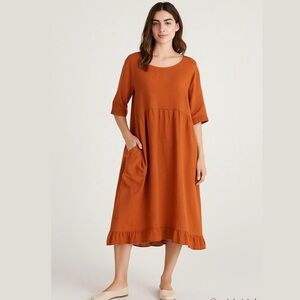 Made in Italy 100% Linen Rust Orange Midi Lagenlook Dress Size TU/ One Size